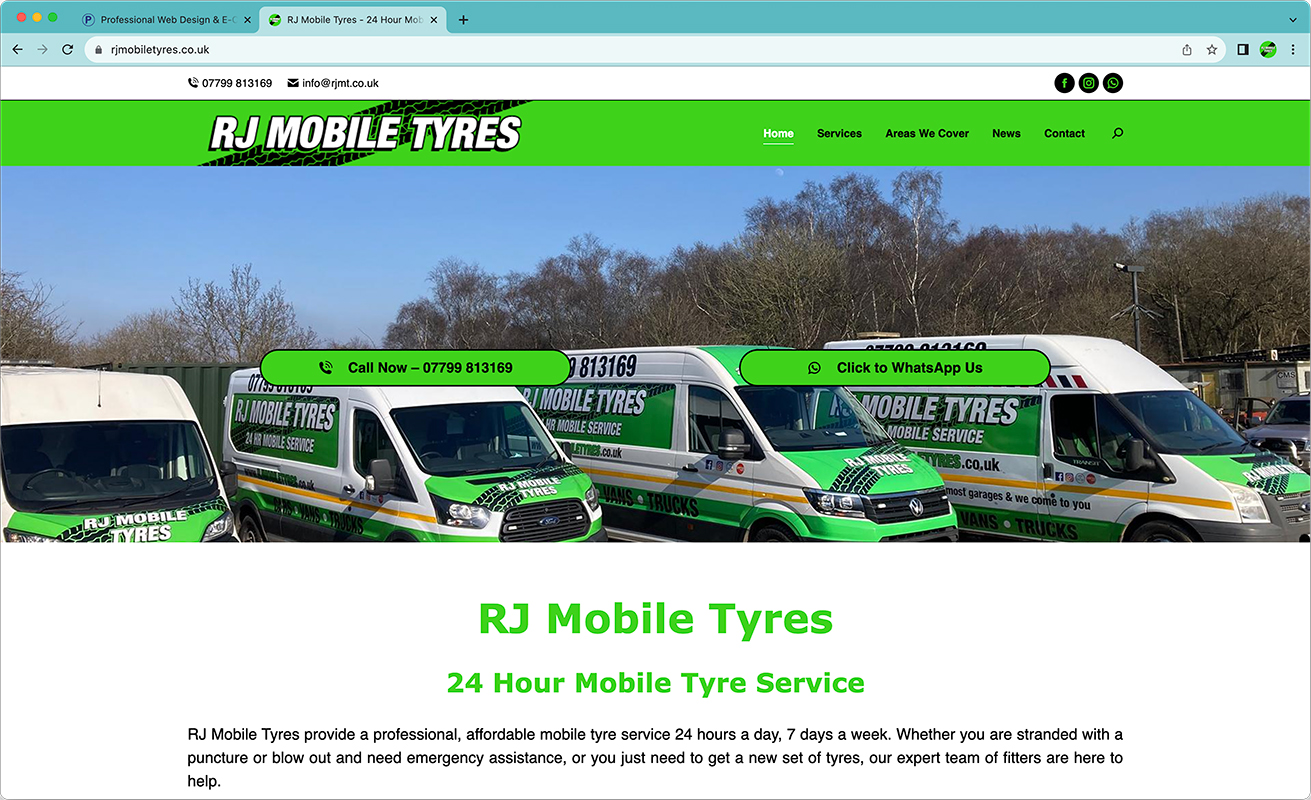 RJ Mobile Tyres Front Page - Web Design by Pharian IT Services